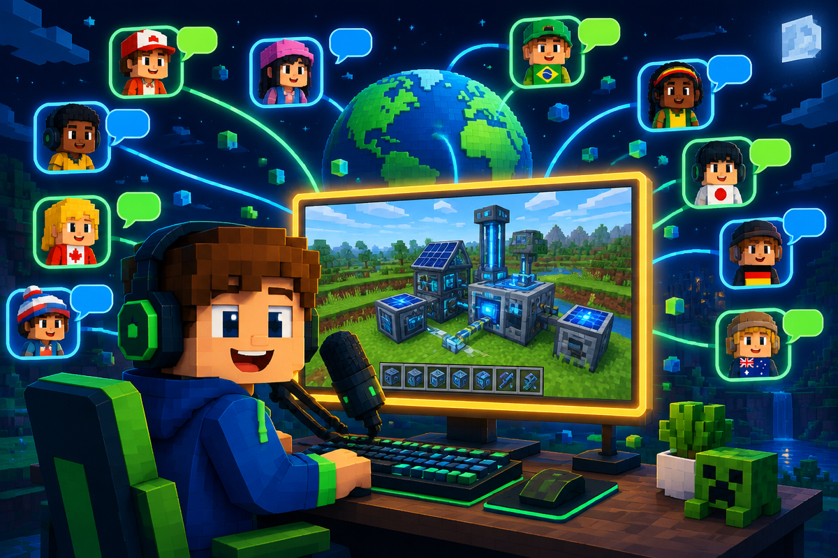 A blocky kid streaming a Minecraft build while member avatars from around the world chat