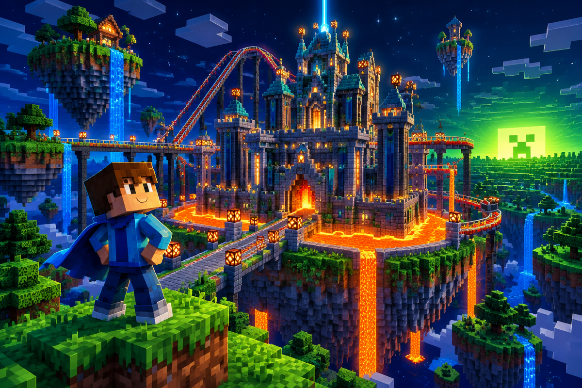 A proud blocky kid standing in front of a huge Minecraft-style castle they built