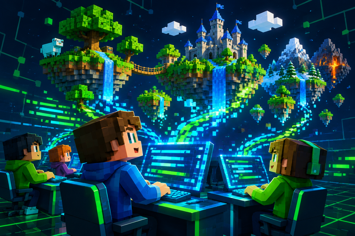 Blocky kid characters writing glowing code that builds a Minecraft-style world